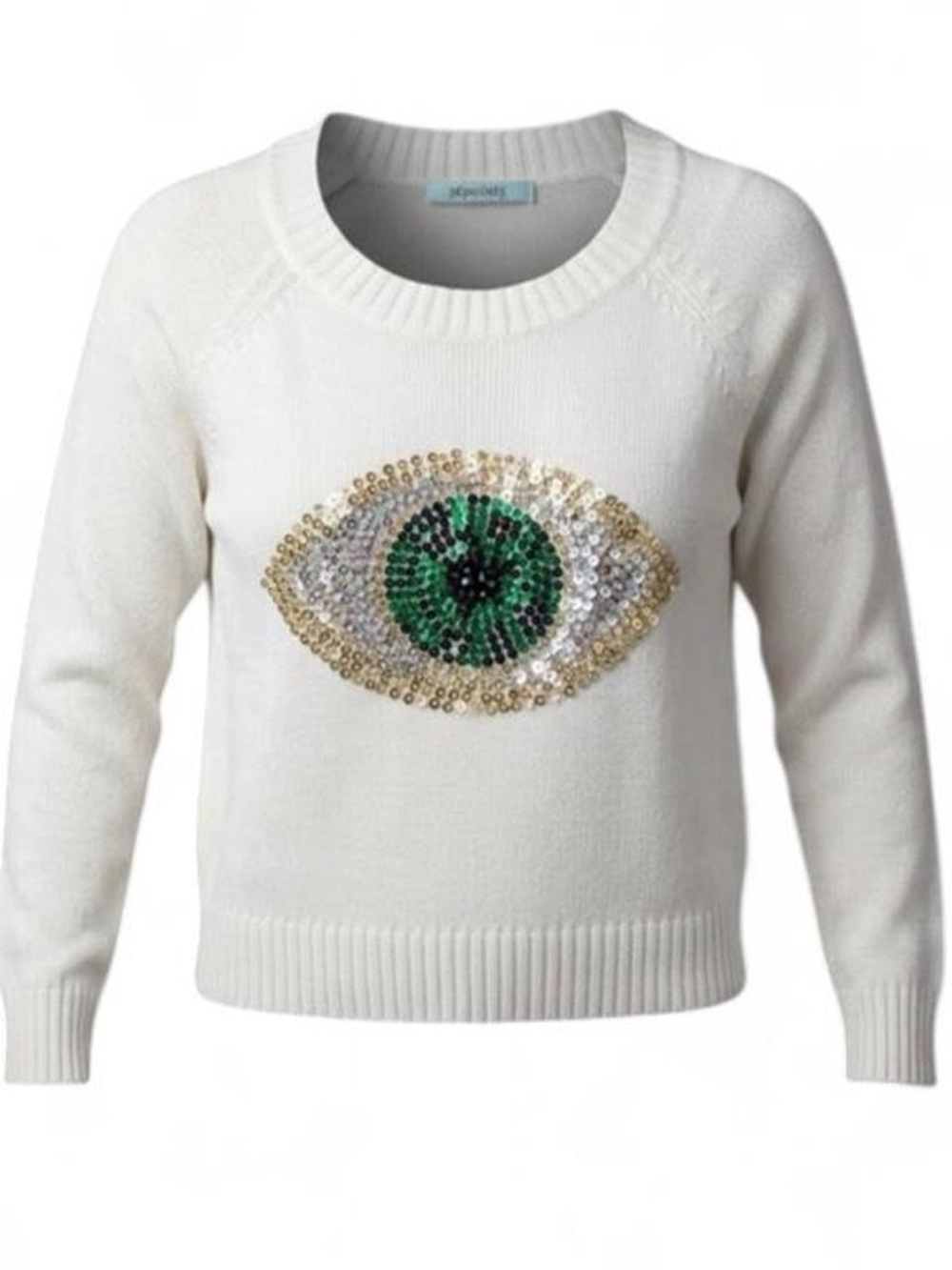 36point5 Evil Eye Embellished Crewneck Sweater Cream Like New S Repel Haters! 🧿🪬
